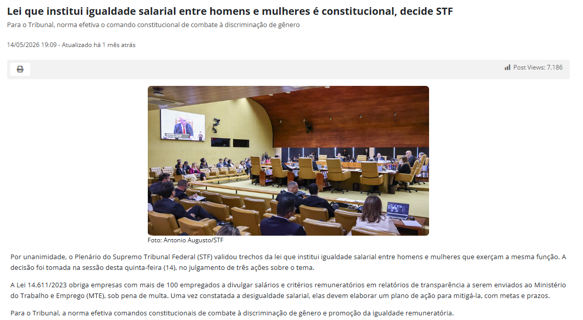 Notícia: Lei de igualdade salarial é constitucional (Portal STF)